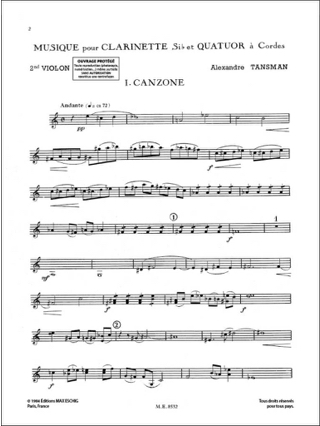 Musique - clarinette et quatuor à cordes - Parties - Alexandre Tansman